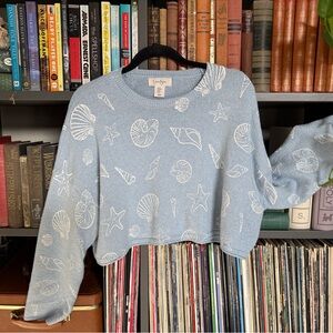 Jessica Simpson Blue Seashell Print Crop Sweater